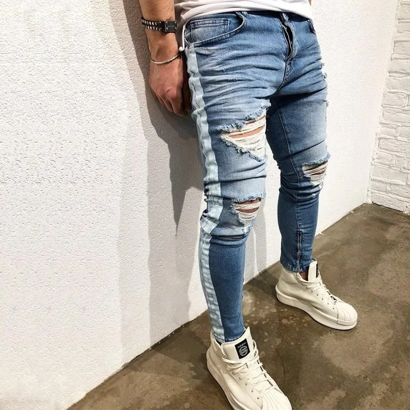 Destroyed Knee Ripped Side Stripe/Zipper Skinny Jeans
