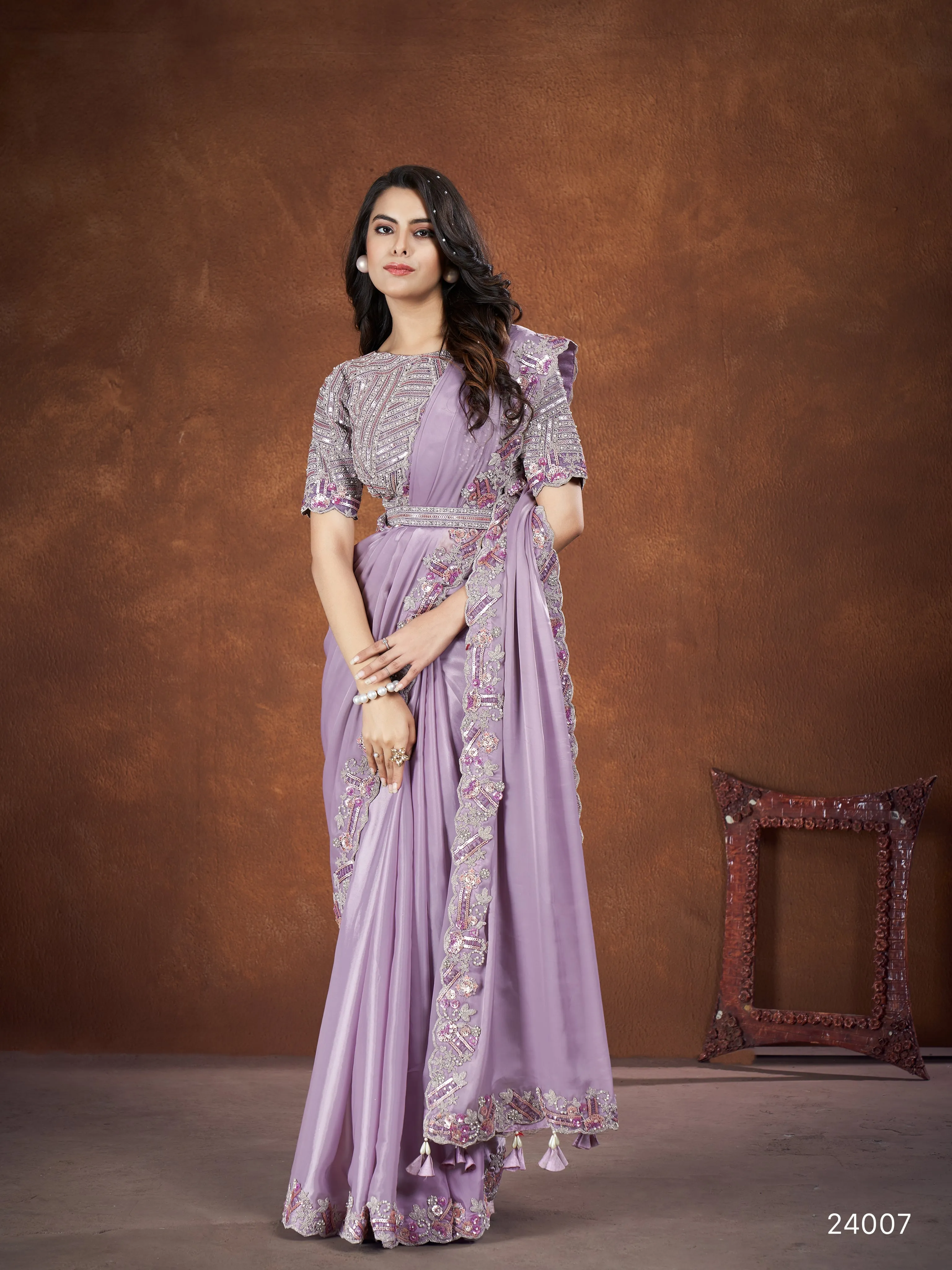 Lavendar Crepe Satin Silk Embroidered Saree with stitched Blouse