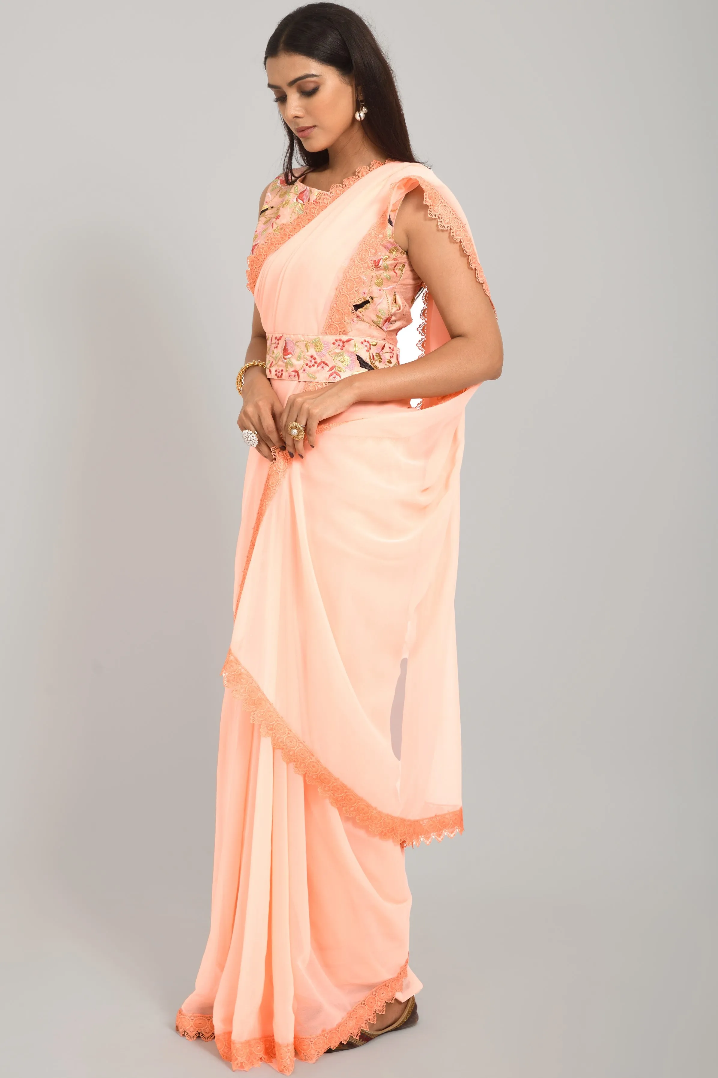 Women Party Wear Designer Peach Colour Georgette Silk Fabric Sequence Embroidery Worked Saree Collection